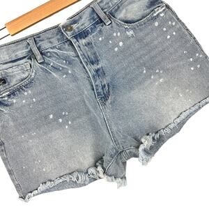 KANCAN Women's 11 / 29 Blue Denim Mckenzie High‎ Rise Shorts Splatter Frayed Hem
